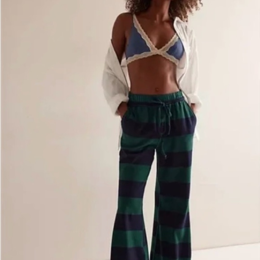 Free People Green and Navy Wide-Leg Striped Lounge Pants - Picture 3 of 3